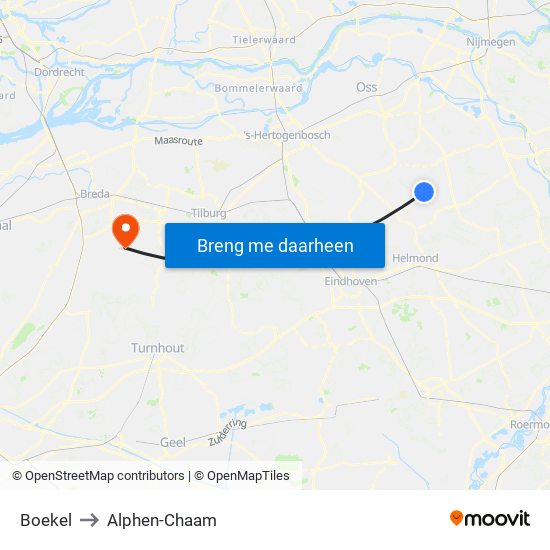 Boekel to Alphen-Chaam map