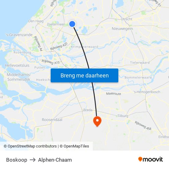 Boskoop to Alphen-Chaam map