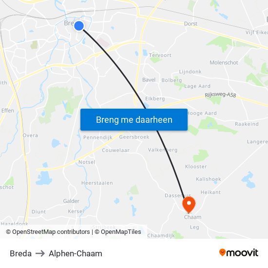 Breda to Alphen-Chaam map