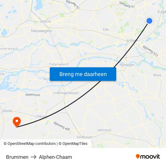 Brummen to Alphen-Chaam map