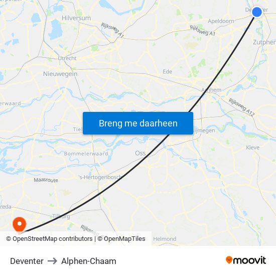 Deventer to Alphen-Chaam map