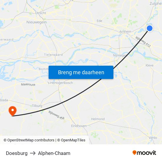Doesburg to Alphen-Chaam map