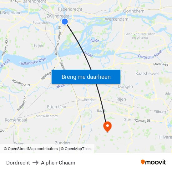 Dordrecht to Alphen-Chaam map