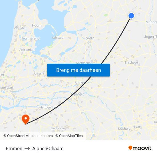 Emmen to Alphen-Chaam map
