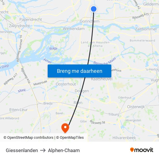 Giessenlanden to Alphen-Chaam map