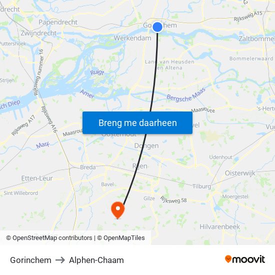 Gorinchem to Alphen-Chaam map