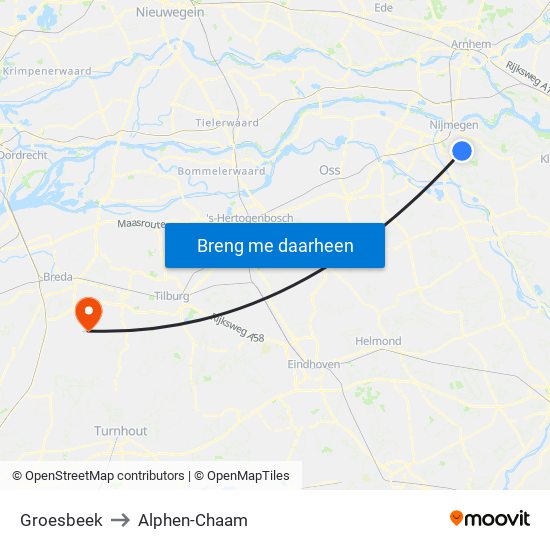 Groesbeek to Alphen-Chaam map