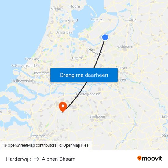 Harderwijk to Alphen-Chaam map