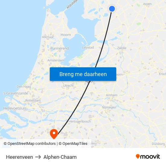 Heerenveen to Alphen-Chaam map
