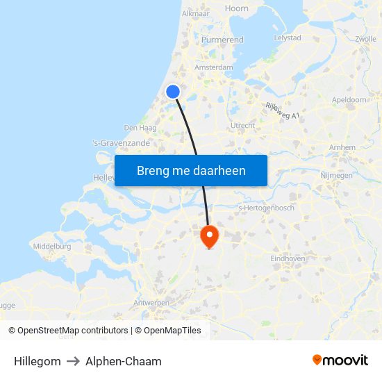 Hillegom to Alphen-Chaam map