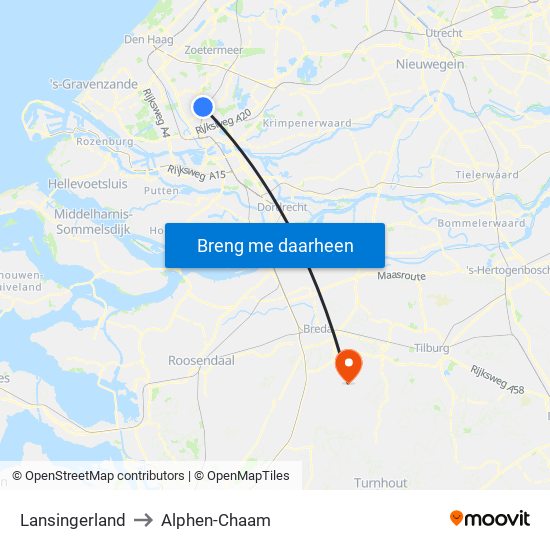 Lansingerland to Alphen-Chaam map