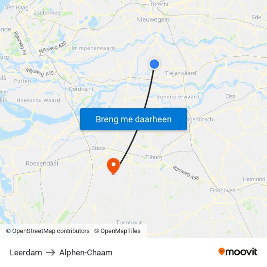 Leerdam to Alphen-Chaam map