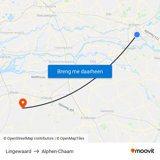 Lingewaard to Alphen-Chaam map
