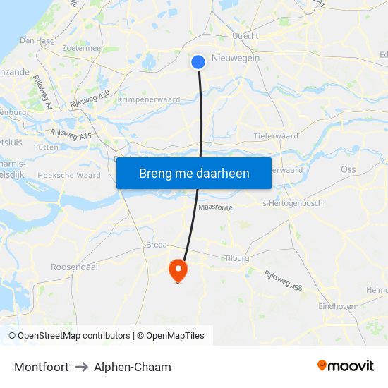 Montfoort to Alphen-Chaam map