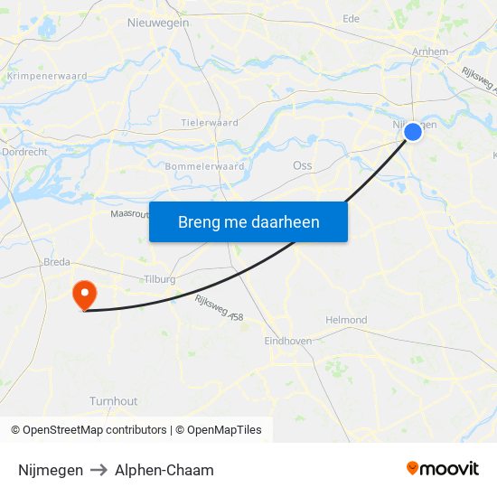 Nijmegen to Alphen-Chaam map