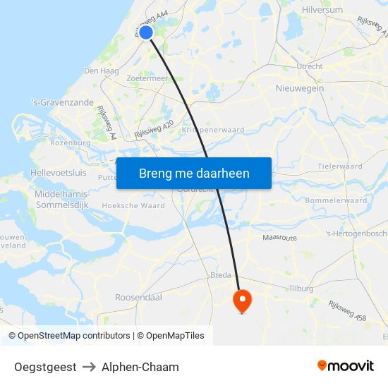 Oegstgeest to Alphen-Chaam map