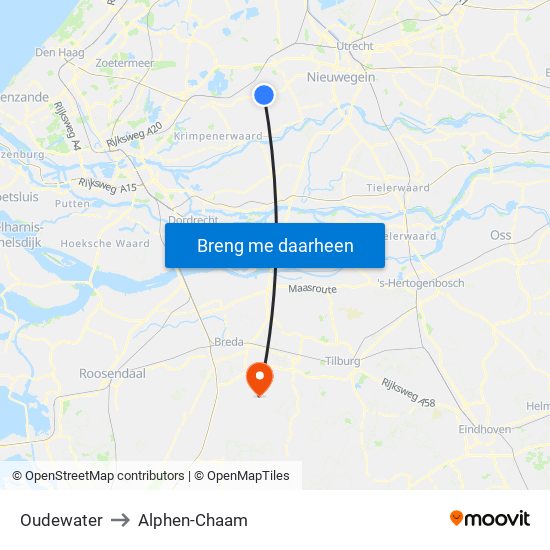 Oudewater to Alphen-Chaam map