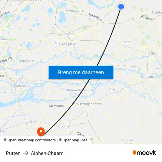 Putten to Alphen-Chaam map