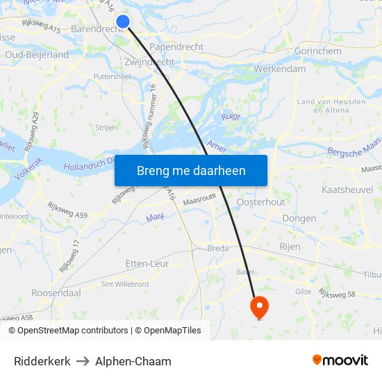 Ridderkerk to Alphen-Chaam map