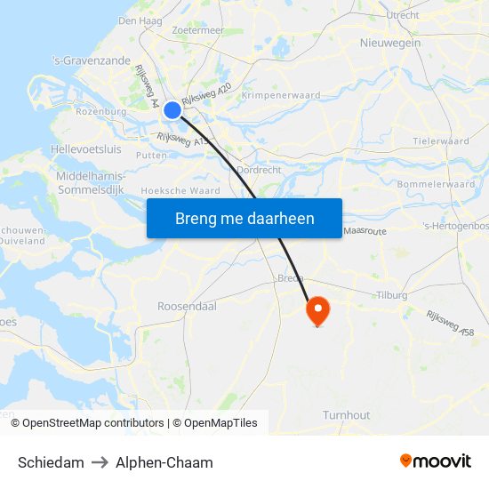 Schiedam to Alphen-Chaam map