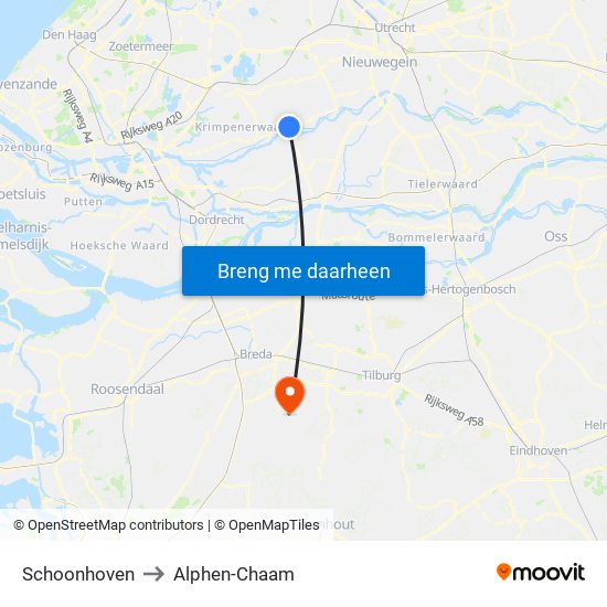 Schoonhoven to Alphen-Chaam map