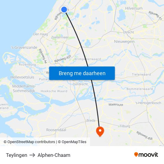 Teylingen to Alphen-Chaam map