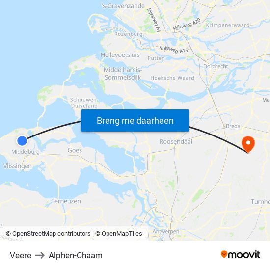 Veere to Alphen-Chaam map