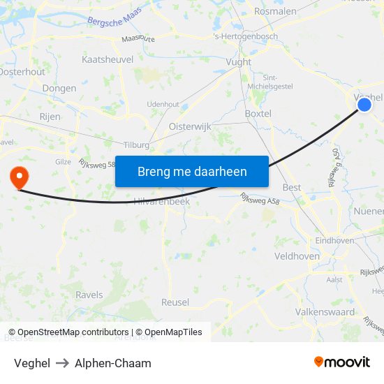 Veghel to Alphen-Chaam map