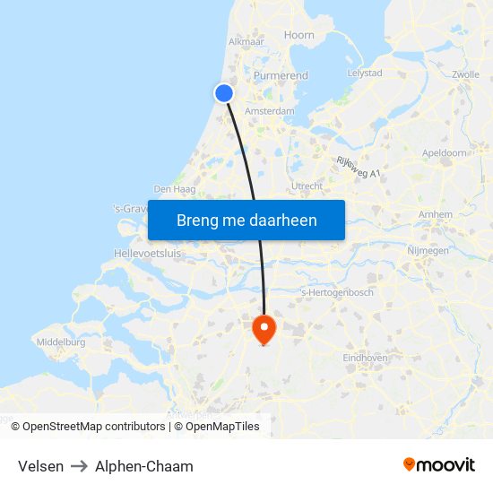 Velsen to Alphen-Chaam map