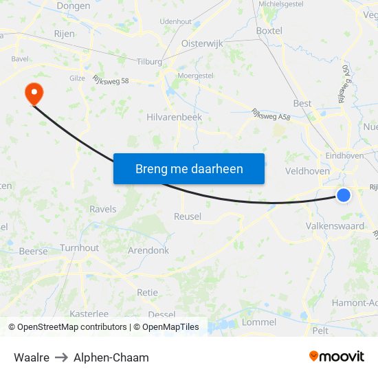 Waalre to Alphen-Chaam map
