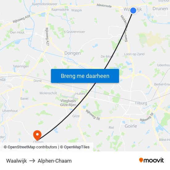 Waalwijk to Alphen-Chaam map