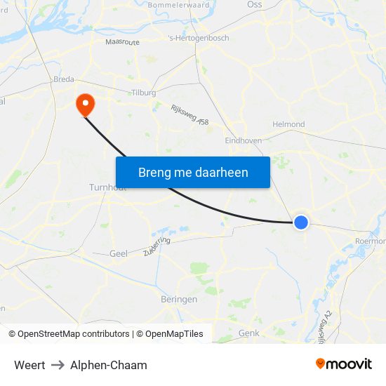 Weert to Alphen-Chaam map