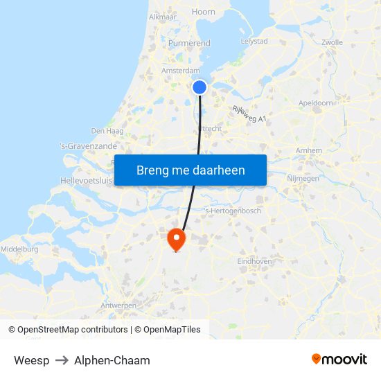 Weesp to Alphen-Chaam map