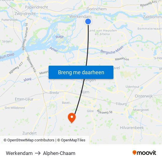 Werkendam to Alphen-Chaam map