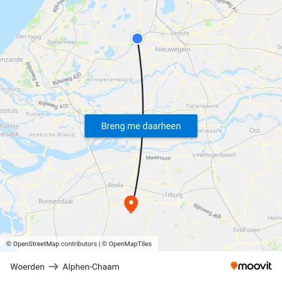 Woerden to Alphen-Chaam map