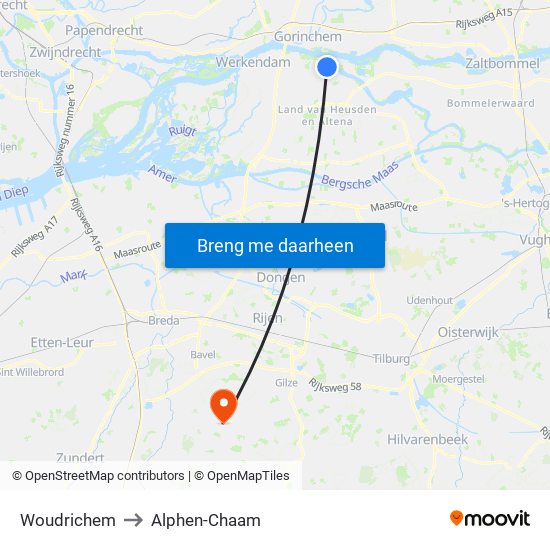 Woudrichem to Alphen-Chaam map