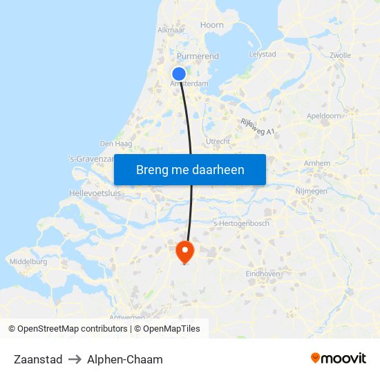 Zaanstad to Alphen-Chaam map