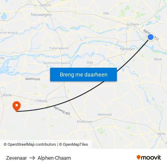 Zevenaar to Alphen-Chaam map