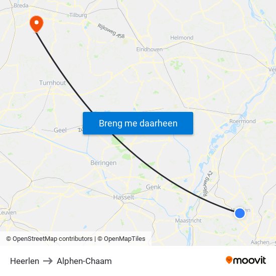 Heerlen to Alphen-Chaam map