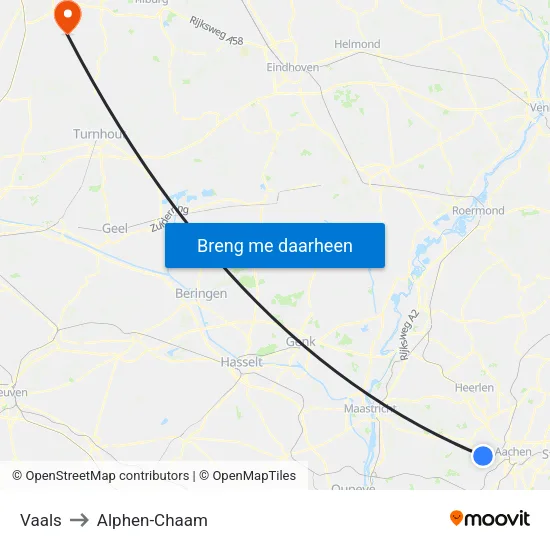 Vaals to Alphen-Chaam map