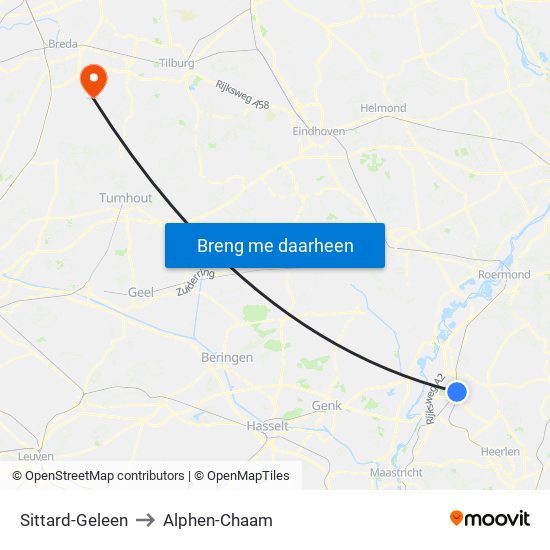 Sittard-Geleen to Alphen-Chaam map