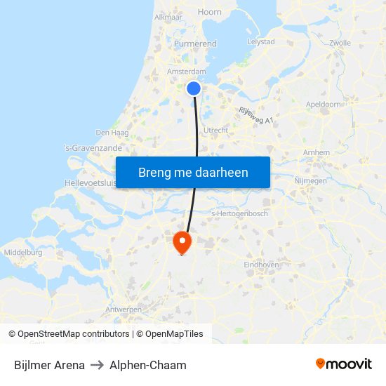 Bijlmer Arena to Alphen-Chaam map