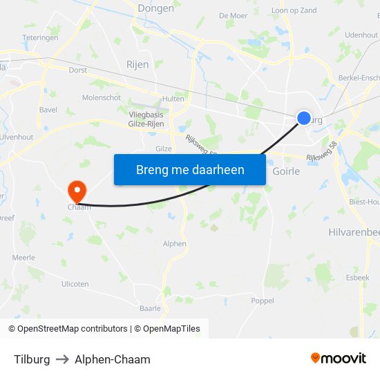Tilburg to Alphen-Chaam map