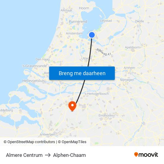 Almere Centrum to Alphen-Chaam map