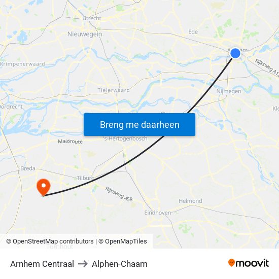 Arnhem Centraal to Alphen-Chaam map