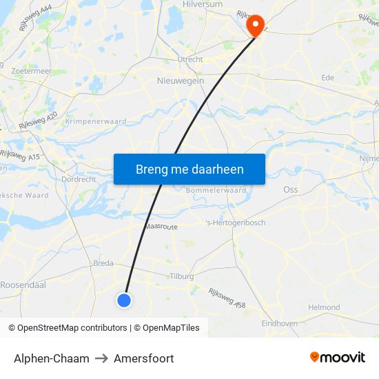 Alphen-Chaam to Amersfoort map