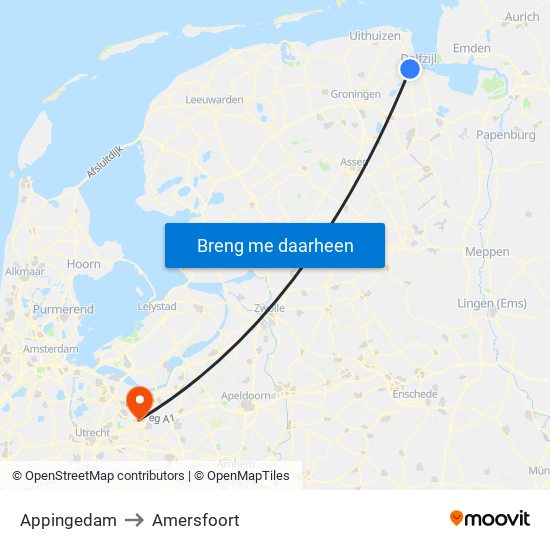 Appingedam to Amersfoort map