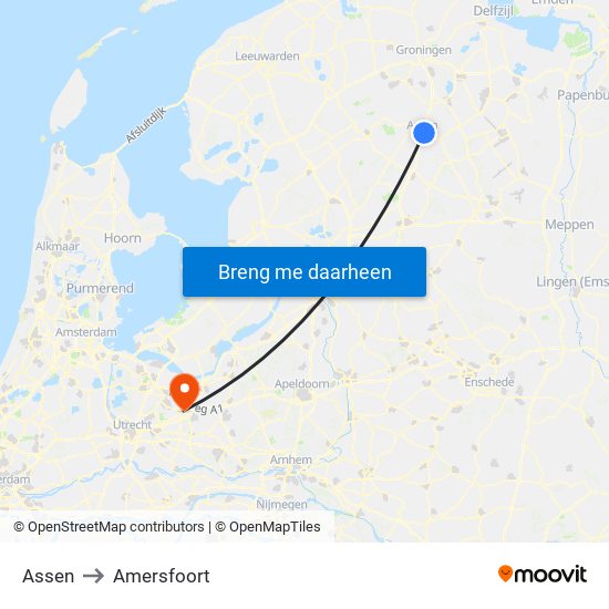 Assen to Amersfoort map