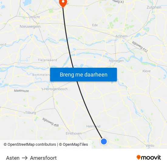 Asten to Amersfoort map
