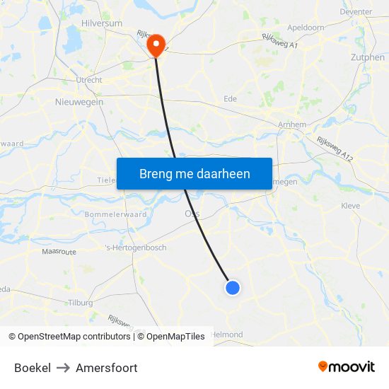 Boekel to Amersfoort map